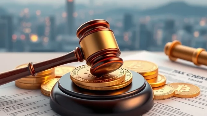 A gavel and crypto coins symbolizing the Upbit crypto tax dispute mediation at the Seoul High Court.