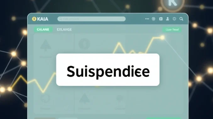 A digital screen displaying Upbit's critical token suspension notice for KAIA network maintenance, highlighting impacted crypto assets.
