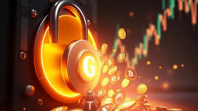 Digital representation of a vault opening, releasing various tokens like GT, symbolizing the upcoming token unlock events and their potential crypto market impact.