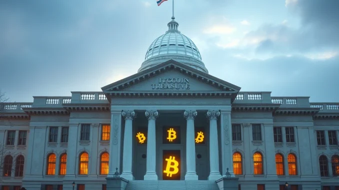 U.S. Strategic Bitcoin Reserve concept with Bitcoin symbols and Treasury building