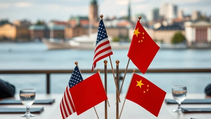 Crucial US-China Trade Talks Set for Stockholm: A Pivotal Moment for Global Markets Diplomats at a table with US and China flags, representing the critical US-China trade talks in Stockholm impacting global markets.