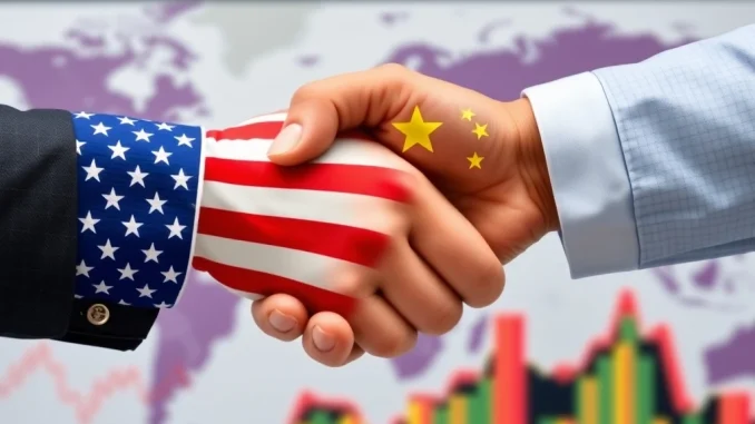 A handshake between a US and Chinese flag, symbolizing the extended US China trade truce and cooperation in global economic relations.