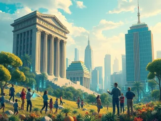 Visualizing the vast potential of US crypto adoption, showing diverse users and institutions converging on a digital blockchain network.