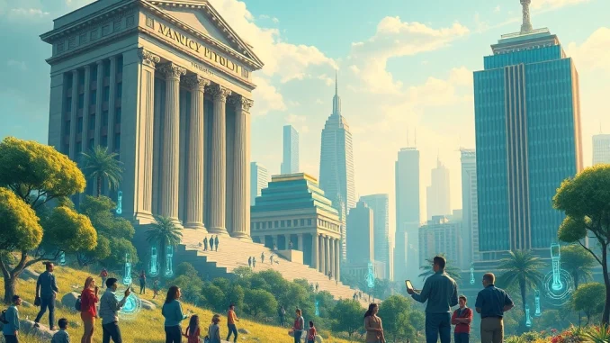 Visualizing the vast potential of US crypto adoption, showing diverse users and institutions converging on a digital blockchain network.