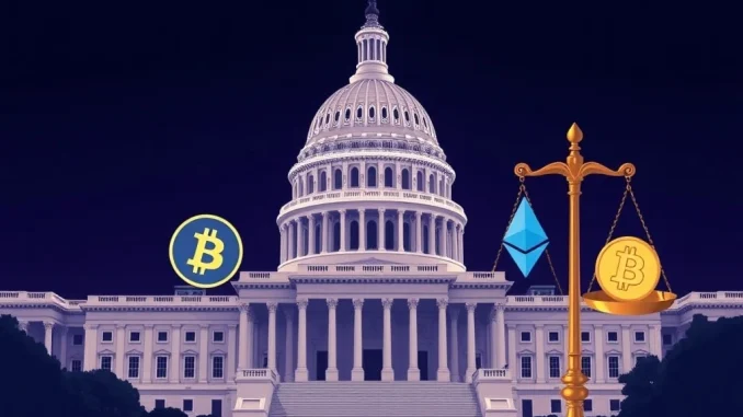 US Capitol building with crypto symbols, representing the progress of US crypto bills and ongoing digital asset regulation discussions.