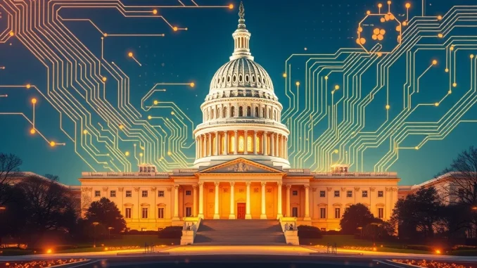 US Crypto Capital: SEC Unveils Bold Plan for Global Dominance A futuristic depiction of the US Capitol, symbolizing the US Crypto Capital, integrating blockchain and digital elements to represent the nation's push for crypto innovation.