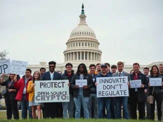 **US crypto industry** leaders and developers advocating for **crypto developer protections** in the CLARITY Act before the U.S. Capitol.