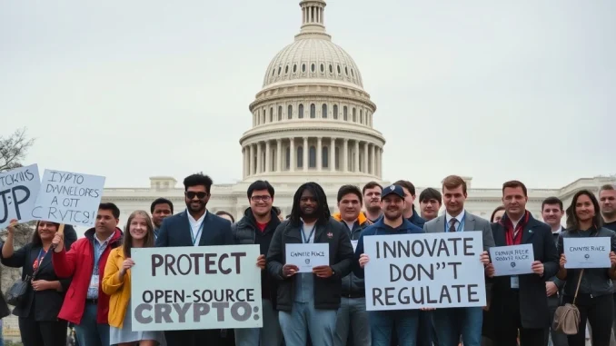 US Crypto Industry's Crucial Plea: Safeguarding Developer Protections in the CLARITY Act **US crypto industry** leaders and developers advocating for **crypto developer protections** in the CLARITY Act before the U.S. Capitol.
