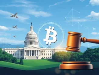 A gavel striking a blockchain symbol, representing the landmark US crypto regulation passed by the House of Representatives.
