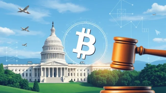 A gavel striking a blockchain symbol, representing the landmark US crypto regulation passed by the House of Representatives.