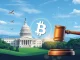 A gavel striking a blockchain symbol, representing the landmark US crypto regulation passed by the House of Representatives.
