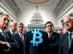 US Crypto Regulation faces a procedural hurdle as House Republicans block crucial bills, depicted by a gavel hitting a blockchain.