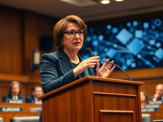 Senator Amy Klobuchar advocating for stronger US crypto regulation and consumer protection in a legislative hearing.