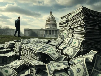 Ray Dalio warns of US deficit leading to economic collapse, symbolizing financial strain.