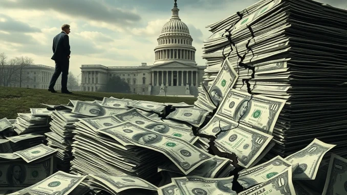 Ray Dalio warns of US deficit leading to economic collapse, symbolizing financial strain.