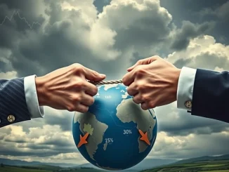 A visual metaphor for the escalating US EU Tariffs, showing a tense trade negotiation impacting global markets.