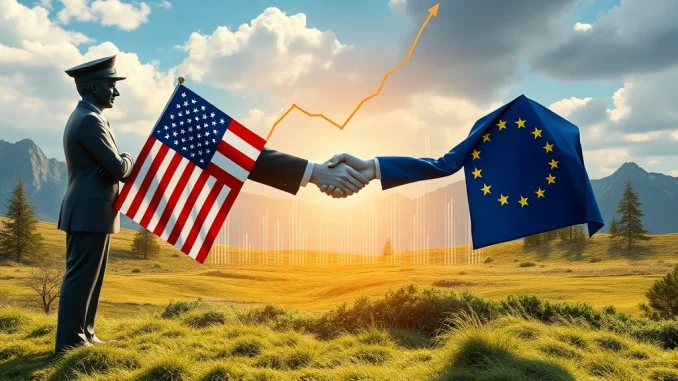 A symbolic US-EU trade deal handshake with surging crypto charts, illustrating the positive economic impact and a significant crypto rally.