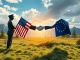 A symbolic US-EU trade deal handshake with surging crypto charts, illustrating the positive economic impact and a significant crypto rally.