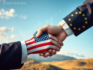 A handshake symbolizing the US-EU trade deal, averting a tariff war and boosting global markets and investor confidence.