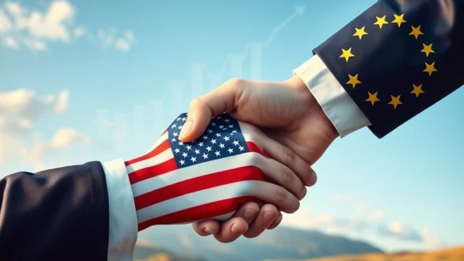 A handshake symbolizing the US-EU trade deal, averting a tariff war and boosting global markets and investor confidence.