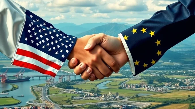 A symbolic handshake between US and EU flags, representing the landmark US-EU trade deal that averts a tariff crisis.