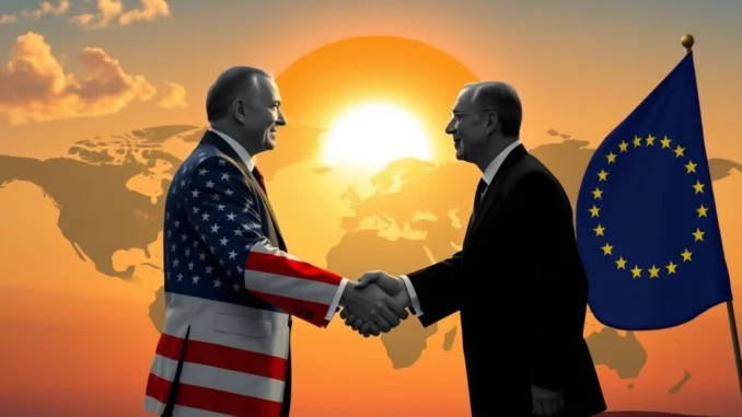 Historic US-EU Trade Pact: Averting War, Reshaping Global Trade with 15% Tariffs A handshake symbolizing the US-EU trade pact, averting a trade war and strengthening the transatlantic economy.