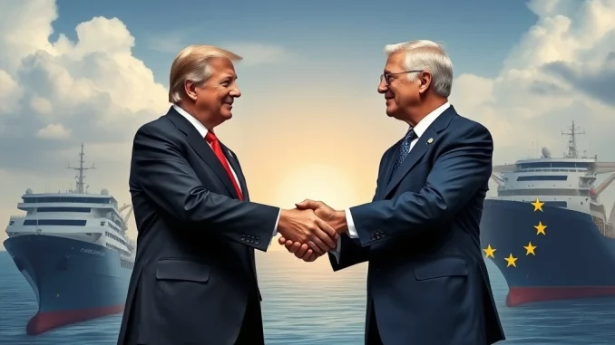 A visual representation of the landmark US EU Trade Pact, showing a handshake symbolizing cooperation and the economic impact on global markets.