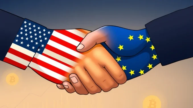 A handshake between US and EU flags symbolizes the new US-EU Trade Pact, averting a tariff war and boosting global markets.