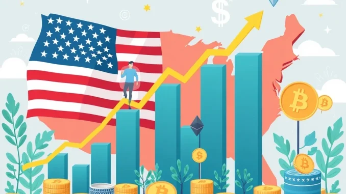 U.S. GDP growth with Bitcoin and Ethereum symbols reflecting economic surge