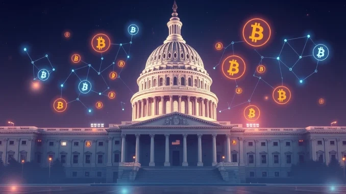 U.S. Capitol with blockchain technology symbols representing the Deploying American Blockchains Act