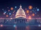 U.S. Capitol with blockchain technology symbols representing the Deploying American Blockchains Act
