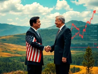 A landmark handshake between US and Japanese representatives, symbolizing the US Japan Trade Deal and its impact on global markets and bond market volatility.