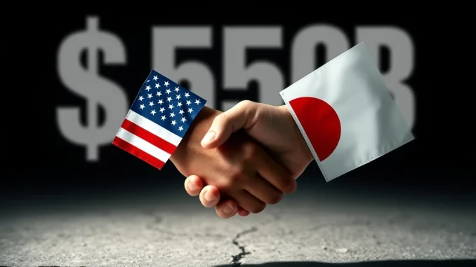 Illustration showing the ambitious US-Japan trade deal with a large investment figure, highlighting market skepticism and policy control.