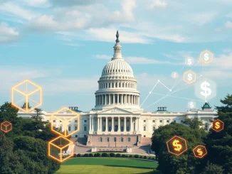 The US SEC exploring an innovation exemption to foster tokenization and crypto growth, depicted by gears turning with blockchain symbols.