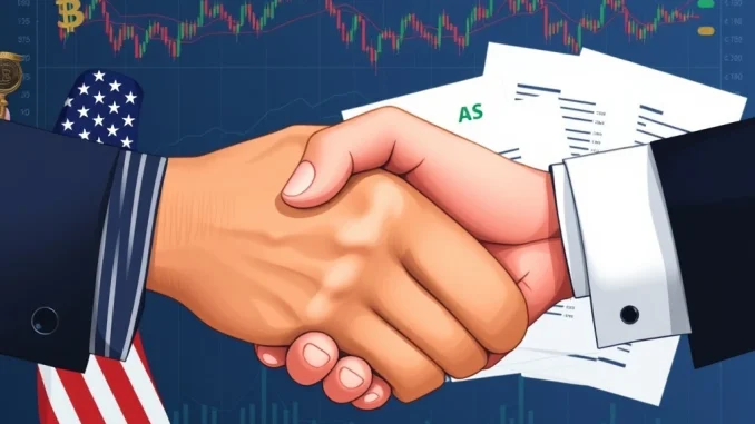 U.S.-South Korea trade deal signing with cryptocurrency charts in the background