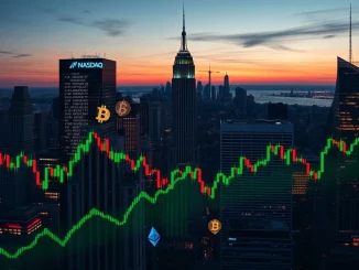 Charts showing the mixed performance of the US stock market, including S&P 500, Nasdaq, and Dow Jones, with subtle crypto market indicators.