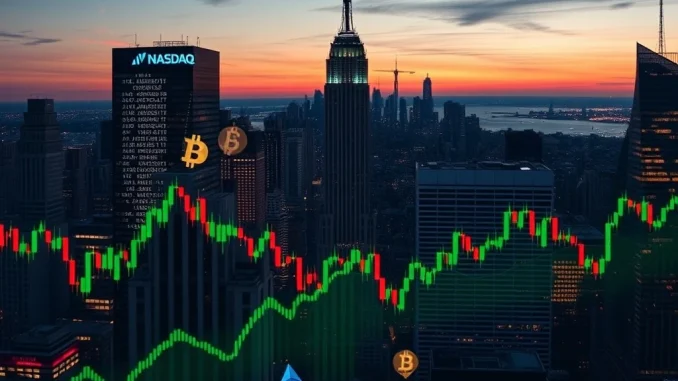 Charts showing the mixed performance of the US stock market, including S&P 500, Nasdaq, and Dow Jones, with subtle crypto market indicators.