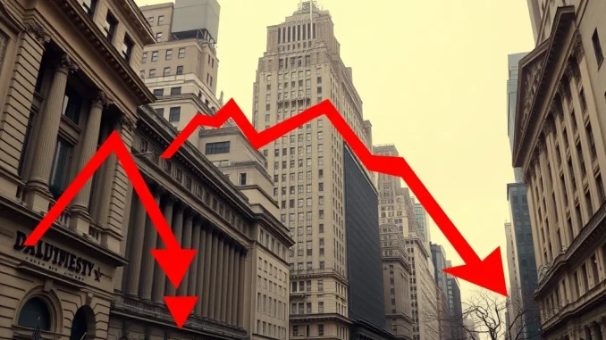 Graph showing a decline in the US stock market, reflecting the day's closing figures for the S&P 500, Nasdaq, and Dow Jones.
