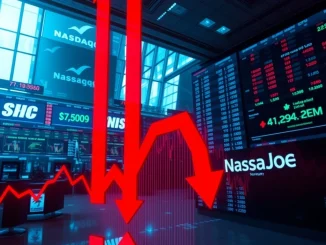 **US stock market** charts showing red arrows and negative percentages for S&P 500, Nasdaq, and Dow Jones, reflecting opening dips and **market volatility**.