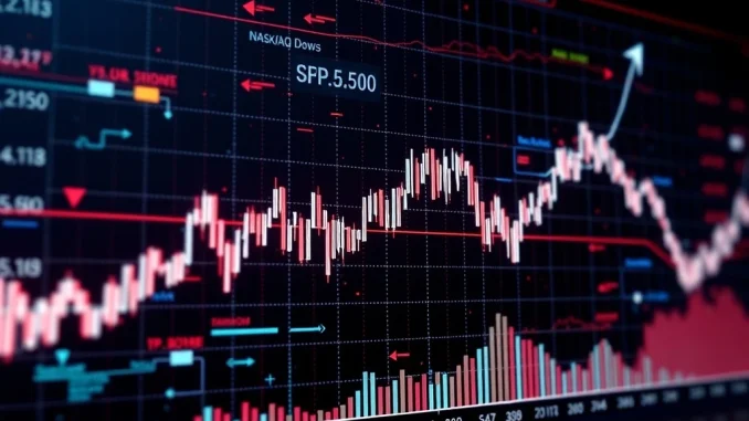 Green charts and upward arrows symbolizing the positive performance of US stock markets, including the S&P 500, NASDAQ, and Dow Jones.