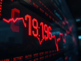 A digital stock ticker showing a significant US stock market plunge, highlighting the critical economic outlook and its potential crypto market impact.