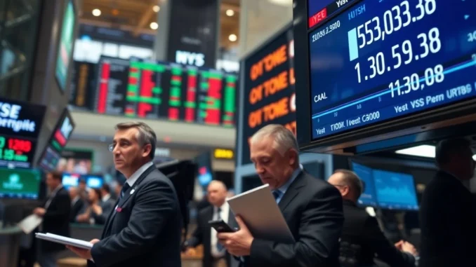 U.S. Stock Markets Open Lower: S&P 500, NASDAQ, and Dow Jones Show Declines U.S. stock markets showing decline on a digital ticker board