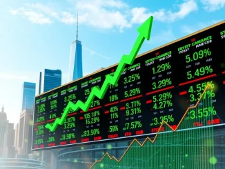 Green arrows on a digital stock market screen symbolizing the positive opening of US stock markets, indicating strong market performance.