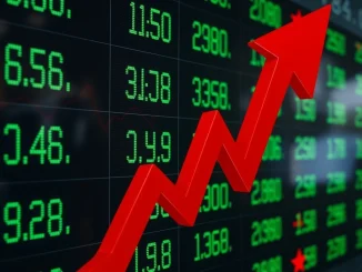 U.S. stock markets showing declines with red downward trends on a digital ticker board