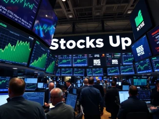 A vibrant stock market ticker displaying green upward arrows, symbolizing the positive open for US stocks and major indices.