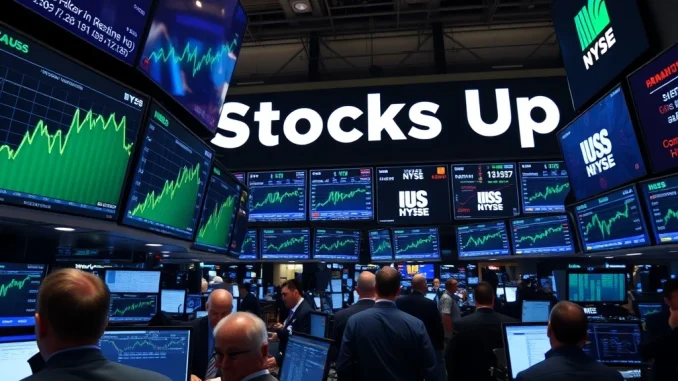 A vibrant stock market ticker displaying green upward arrows, symbolizing the positive open for US stocks and major indices.