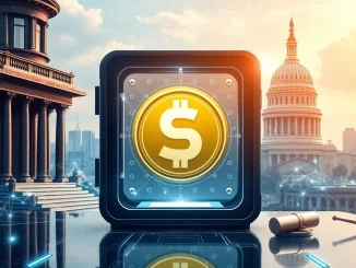 A secure digital vault protecting a USDtb stablecoin symbol, representing the groundbreaking launch by Anchorage Digital and Ethena Labs under the GENIUS Act for enhanced stablecoin regulation.