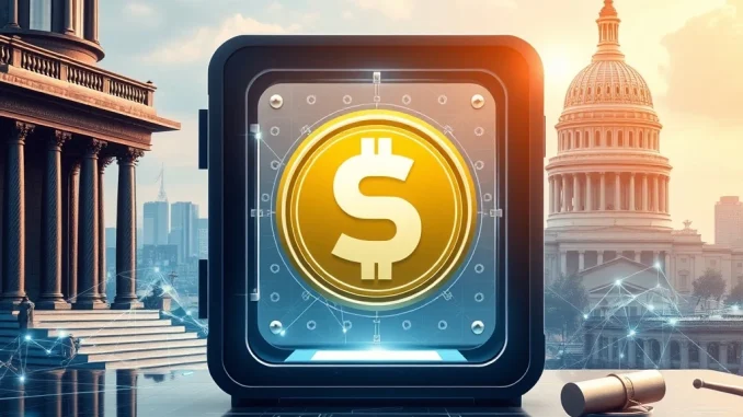 A secure digital vault protecting a USDtb stablecoin symbol, representing the groundbreaking launch by Anchorage Digital and Ethena Labs under the GENIUS Act for enhanced stablecoin regulation.