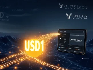 Visualizing a 10M USD1 transfer as digital tokens moving between a secure, anonymous blockchain address and a Falcon Finance multisig wallet, highlighting the strategic financial flow.