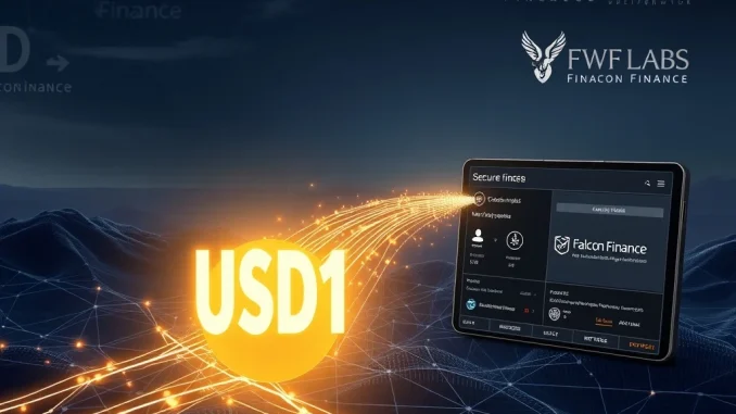 Visualizing a 10M USD1 transfer as digital tokens moving between a secure, anonymous blockchain address and a Falcon Finance multisig wallet, highlighting the strategic financial flow.